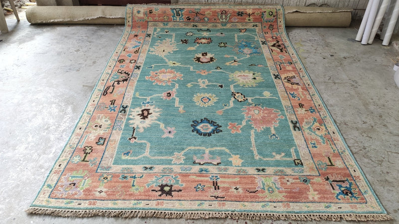 Shanti 6x9 Light Blue and Rust Hand-Knotted Oushak Rug | Banana Manor Rug Company