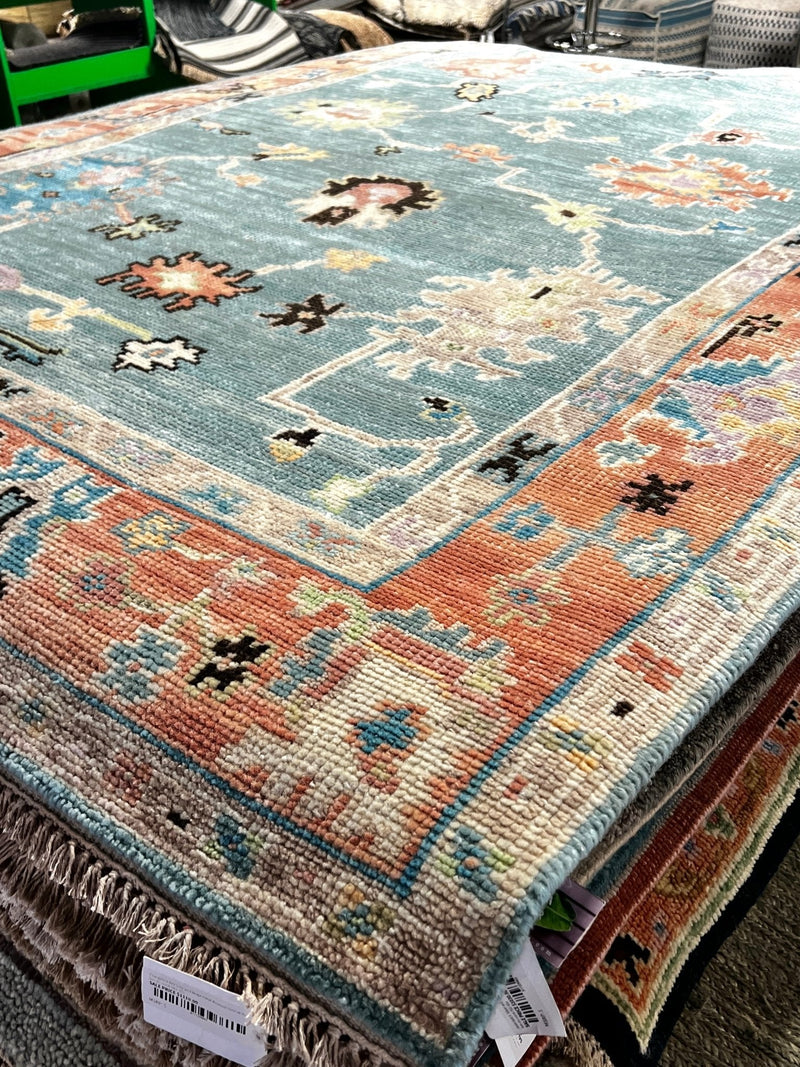 Shanti 6x9 Light Blue and Rust Hand-Knotted Oushak Rug | Banana Manor Rug Company