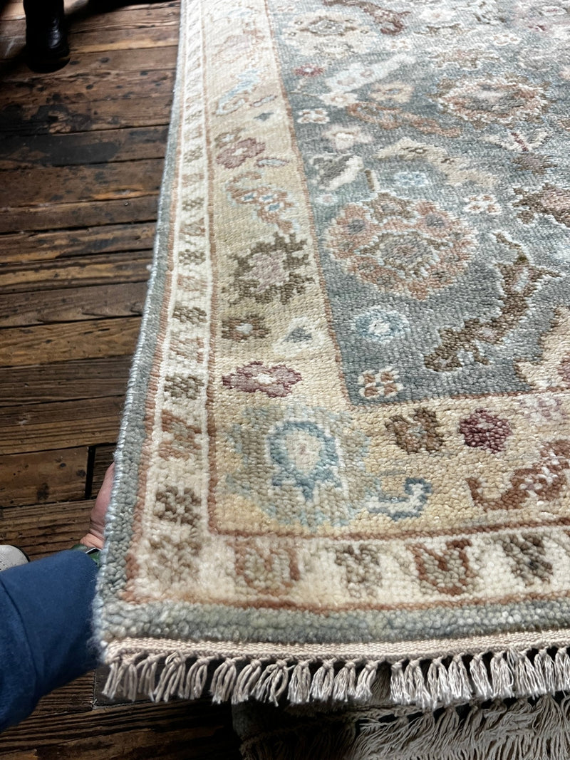 Sharon Stone 3x14 Light Green and Cream Hand-Knotted Oushak Runner | Banana Manor Rug Factory Outlet