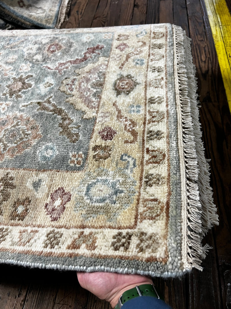 Sharon Stone 3x14 Light Green and Cream Hand-Knotted Oushak Runner | Banana Manor Rug Factory Outlet