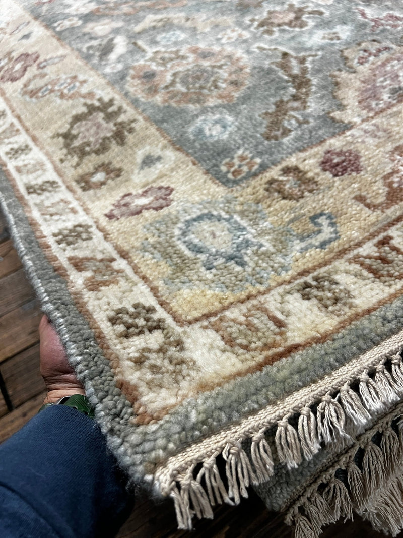 Sharon Stone 3x14 Light Green and Cream Hand-Knotted Oushak Runner | Banana Manor Rug Factory Outlet