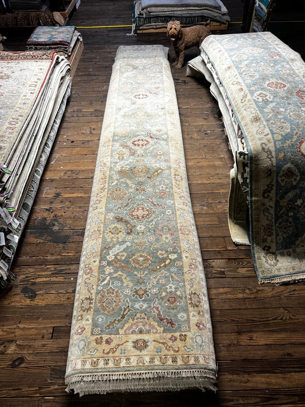 Sharon Stone 3x14 Light Green and Cream Hand-Knotted Oushak Runner | Banana Manor Rug Factory Outlet