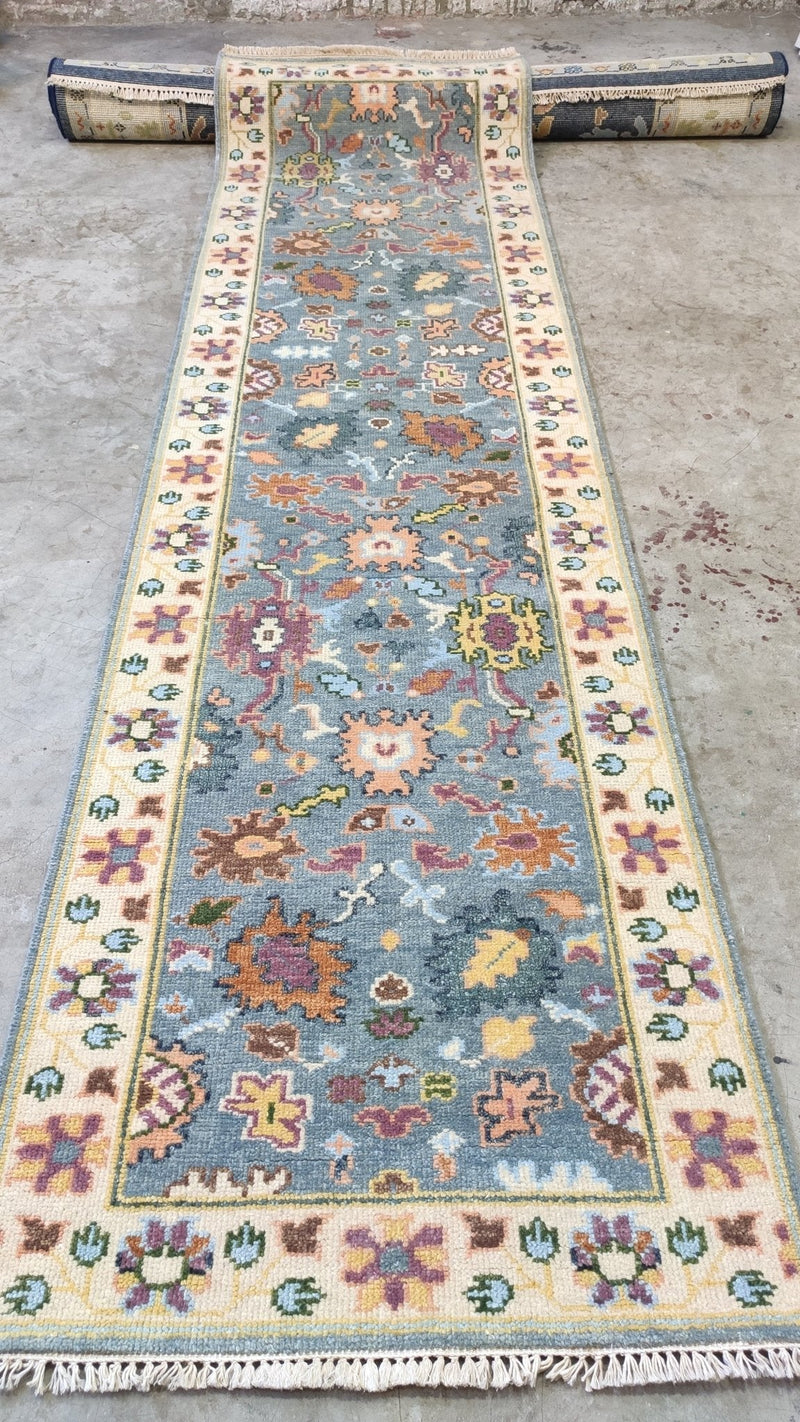 Sheena 2.6x10 Light Blue and Ivory Hand-Knotted Runner | Banana Manor Rug Company