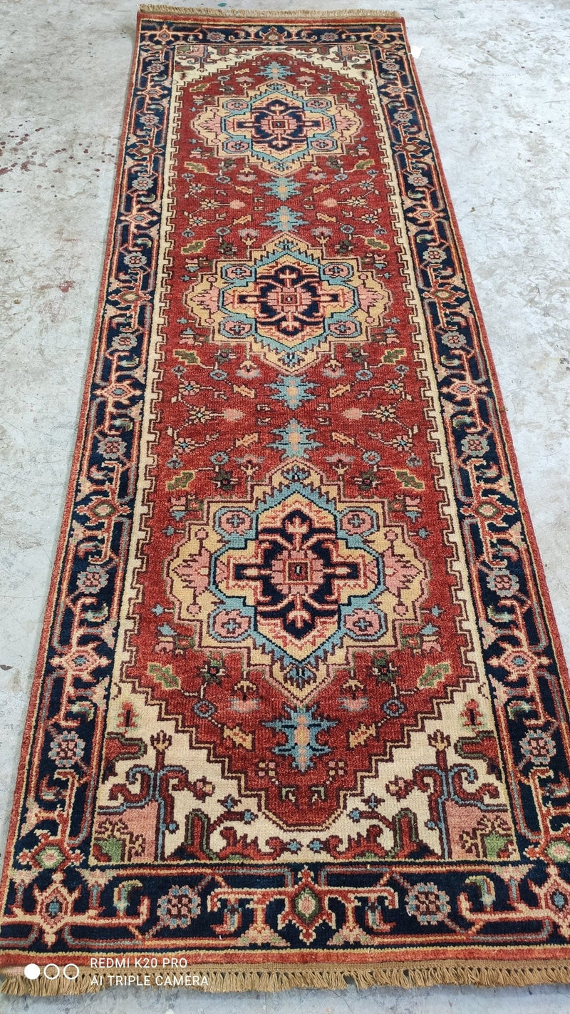 Shorofsky 2.9x8 Red and Blue Hand-knotted Serapi Runner | Banana Manor Rug Company