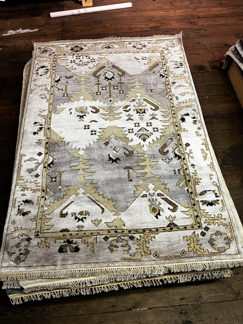 Sian Owlight 4x6 Grey and Gold Hand-Knotted Oushak Rug | Banana Manor Rug Company