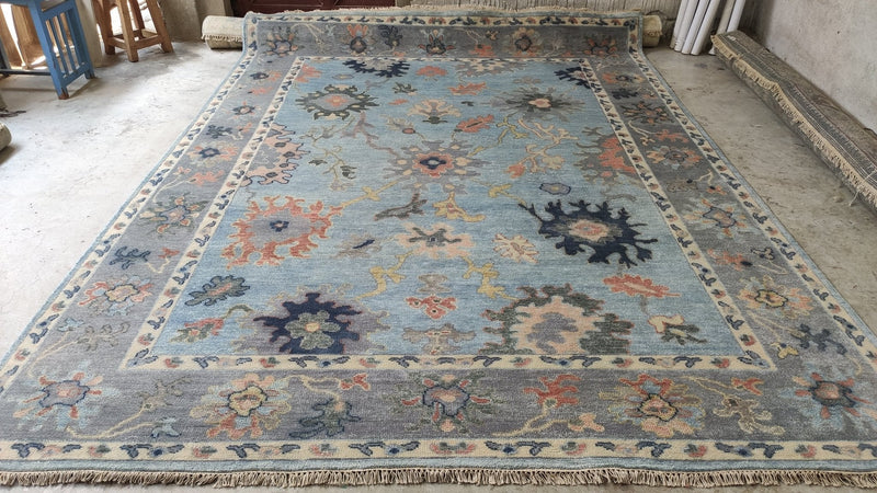 Sigourney Weaver 8.9x12 Light Blue Hand-Knotted Oushak Rug | Banana Manor Rug Company