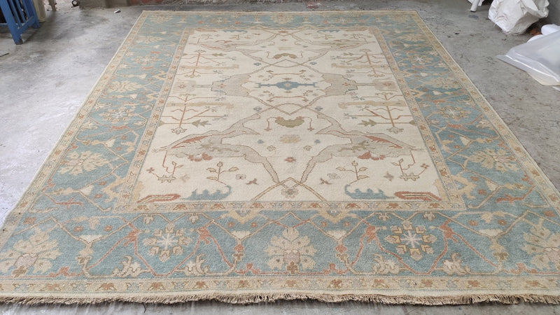 Sindra 8.3x10 Ivory and Light Blue Hand-Knotted Oushak Rug | Banana Manor Rug Company