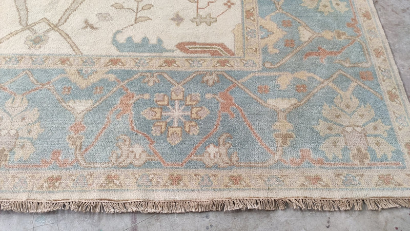 Sindra 8.3x10 Ivory and Light Blue Hand-Knotted Oushak Rug | Banana Manor Rug Company