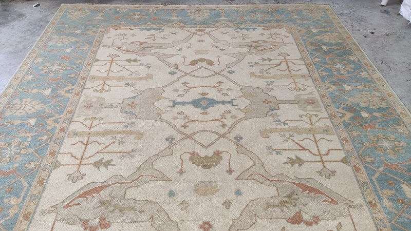 Sindra 8.3x10 Ivory and Light Blue Hand-Knotted Oushak Rug | Banana Manor Rug Company