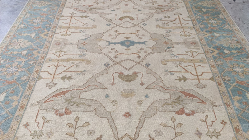 Sindra 8.3x10 Ivory and Light Blue Hand-Knotted Oushak Rug | Banana Manor Rug Company