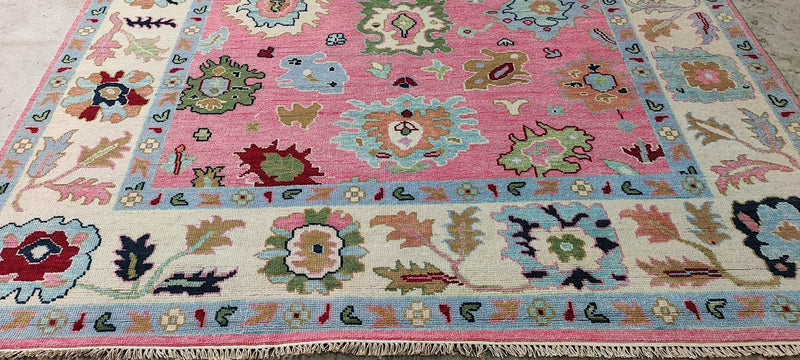 Sonia Khan 8x9.9 Pink and Ivory Hand-Knotted Oushak Rug | Banana Manor Rug Company