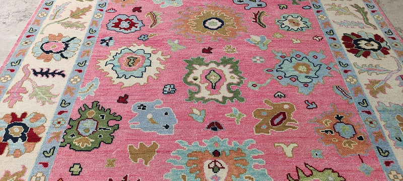 Sonia Khan 8x9.9 Pink and Ivory Hand-Knotted Oushak Rug | Banana Manor Rug Company