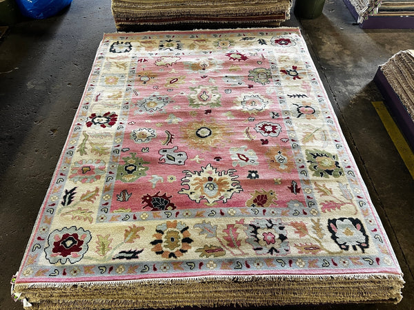 Sonia Khan 8x9.9 Pink and Ivory Hand-Knotted Oushak Rug | Banana Manor Rug Company