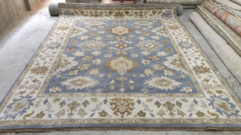 Sophia 8.3x9.9 Blue and Ivory Hand-Knotted Oushak Rug | Banana Manor Rug Company