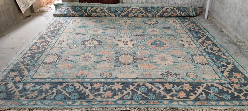 Sophie Marceau 12.3X15 Blue and Beige Hand-Knotted Oushak Rug | Banana Manor Rug Company