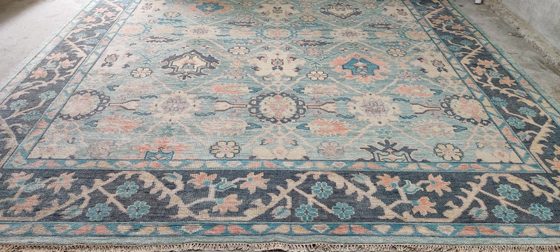 Sophie Marceau 12.3X15 Blue and Beige Hand-Knotted Oushak Rug | Banana Manor Rug Company