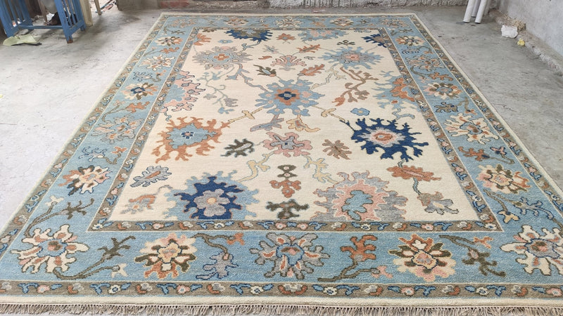 Sunshine 9x12 Ivory and Light Blue Hand-Knotted Oushak Rug | Banana Manor Rug Company