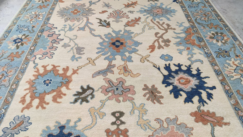 Sunshine 9x12 Ivory and Light Blue Hand-Knotted Oushak Rug | Banana Manor Rug Company