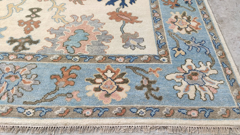 Sunshine 9x12 Ivory and Light Blue Hand-Knotted Oushak Rug | Banana Manor Rug Company