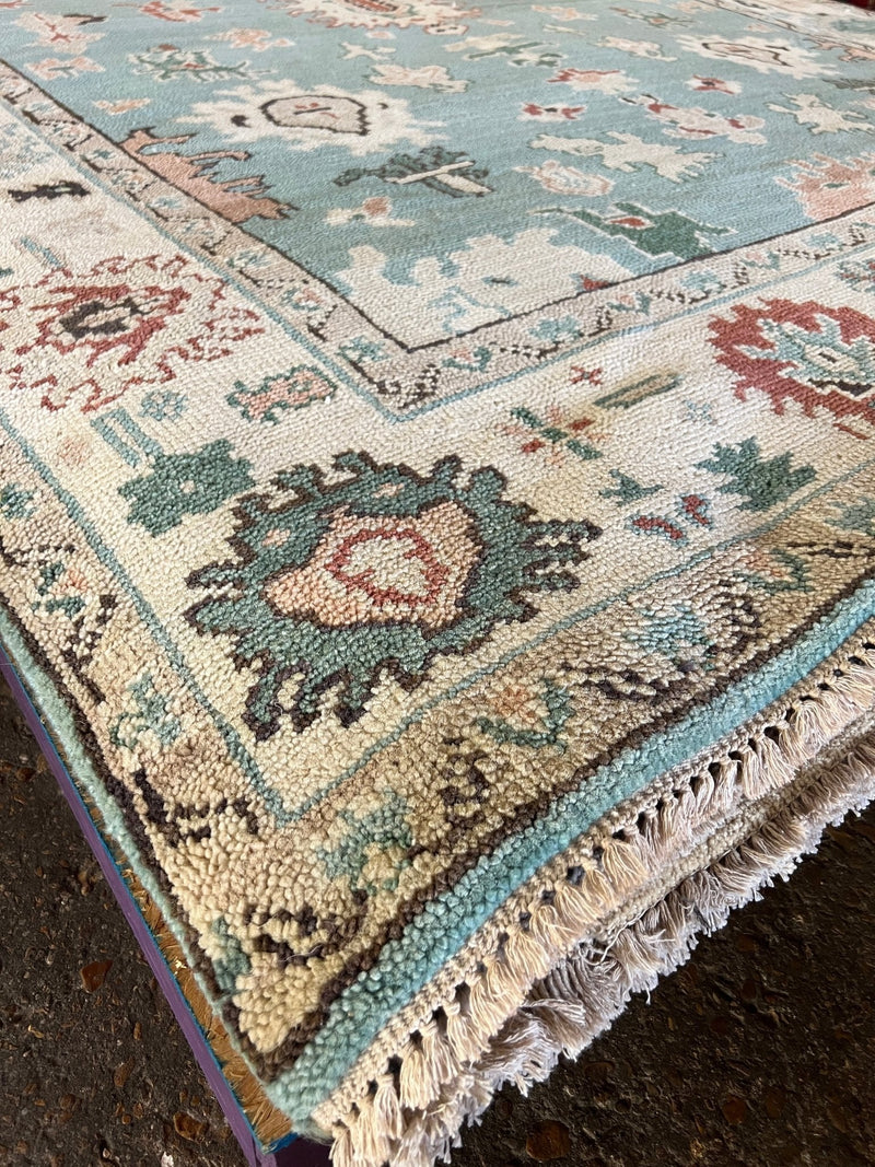 Tabby 8x10 Hand-Knotted Light Blue and Cream Oushak Rug | Banana Manor Rug Company