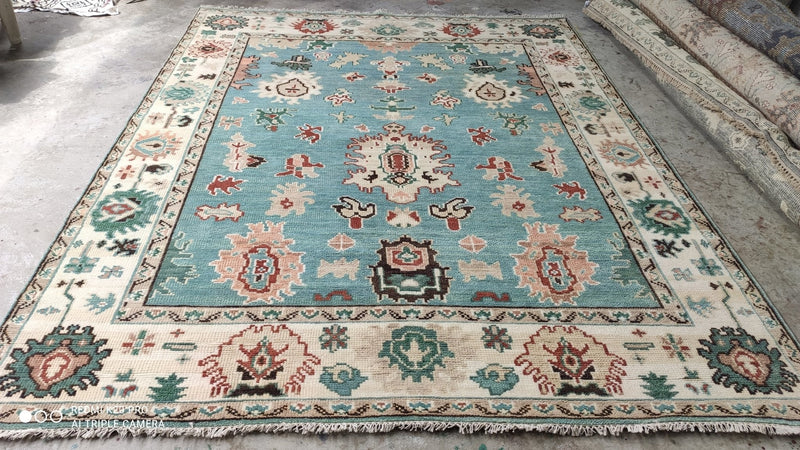 Tabby 8x10 Hand-Knotted Light Blue and Cream Oushak Rug | Banana Manor Rug Company