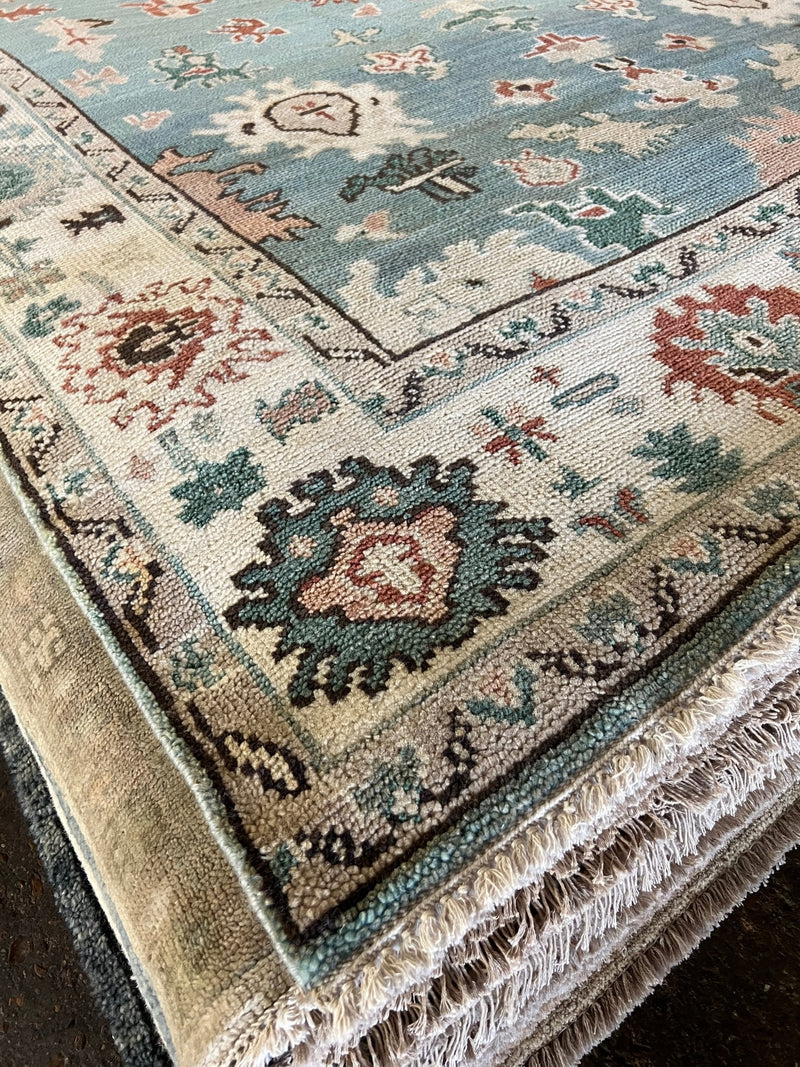 Tabby 8x10 Hand-Knotted Light Blue and Cream Oushak Rug | Banana Manor Rug Company