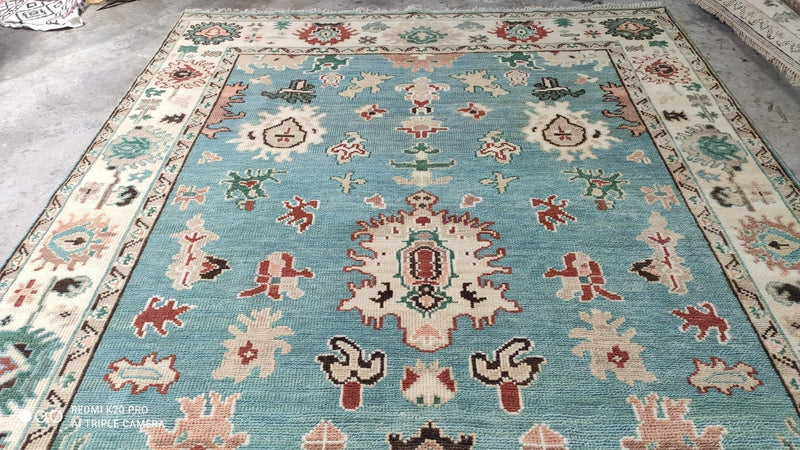 Tabby 8x10 Hand-Knotted Light Blue and Cream Oushak Rug | Banana Manor Rug Company