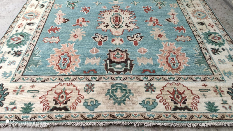 Tabby 8x10 Hand-Knotted Light Blue and Cream Oushak Rug | Banana Manor Rug Company