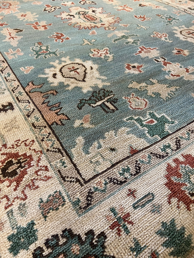 Tabby 8x10 Hand-Knotted Light Blue and Cream Oushak Rug | Banana Manor Rug Company