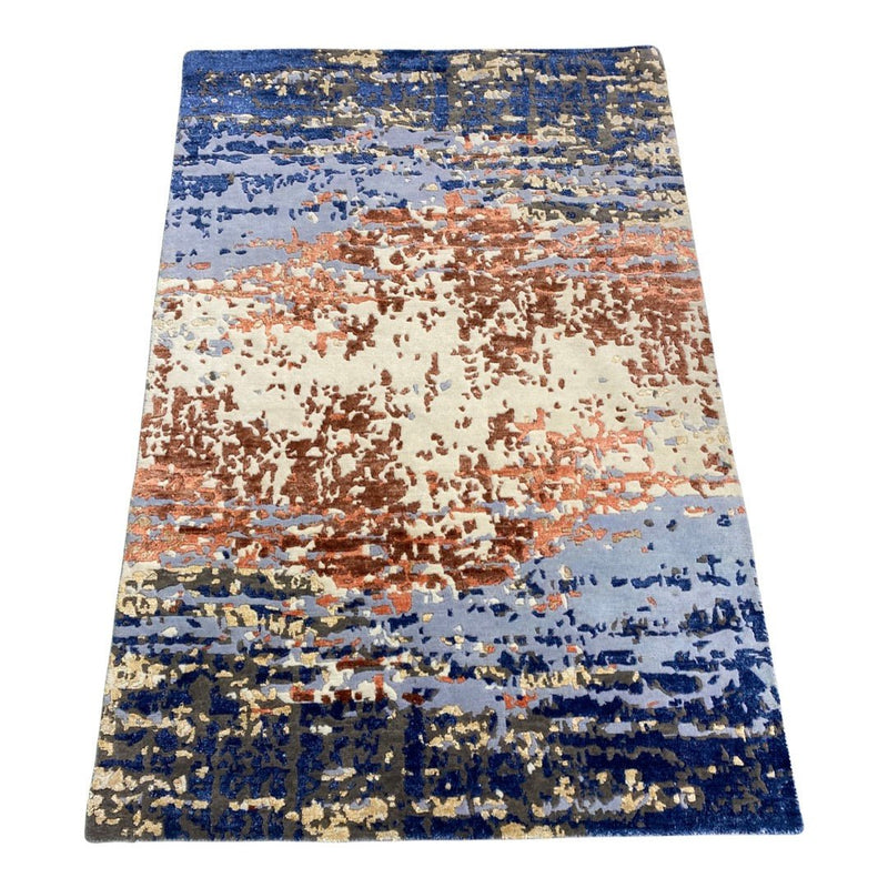 Tanner 1 Indo Tibetan Red Blue Cream Modern Abstract High-Low Rug 4'x6' | Banana Manor Rug Company