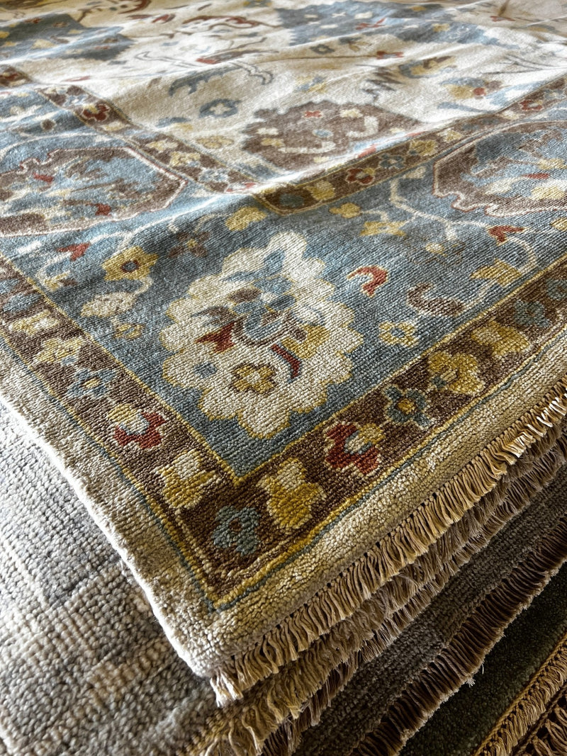 Teddy Duncan 8.9x11.9 Ivory and Light Blue Hand-Knotted Oushak Rug | Banana Manor Rug Company