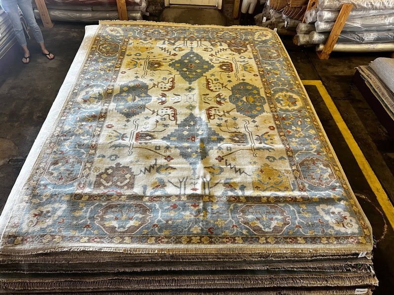 Teddy Duncan 8.9x11.9 Ivory and Light Blue Hand-Knotted Oushak Rug | Banana Manor Rug Company