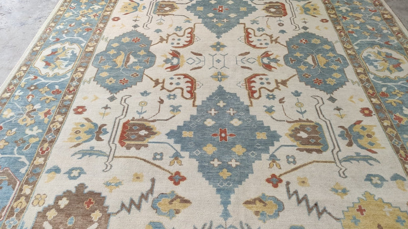 Teddy Duncan 8.9x11.9 Ivory and Light Blue Hand-Knotted Oushak Rug | Banana Manor Rug Company