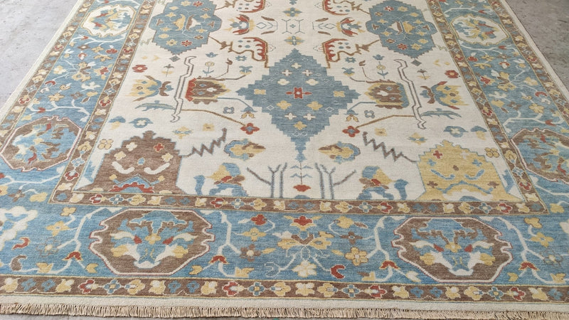 Teddy Duncan 8.9x11.9 Ivory and Light Blue Hand-Knotted Oushak Rug | Banana Manor Rug Company