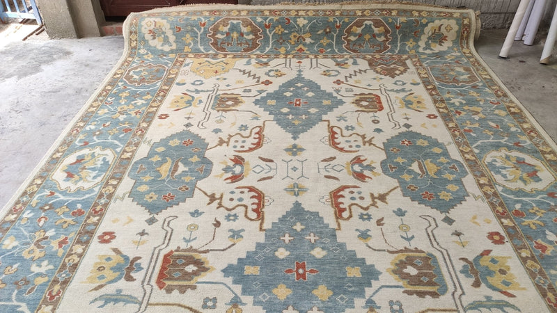 Teddy Duncan 8.9x11.9 Ivory and Light Blue Hand-Knotted Oushak Rug | Banana Manor Rug Company