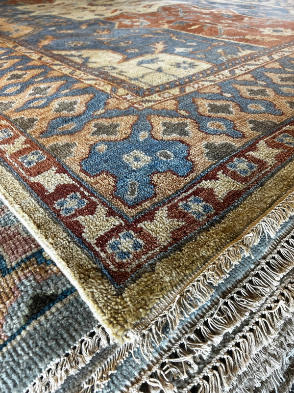 Tiara 9.9x14 Blue and Rust Hand-Knotted Oushak Rug | Banana Manor Rug Company