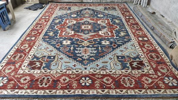 Treasure 10x14 Blue and Red Hand-Knotted Oushak Rug | Banana Manor Rug Company