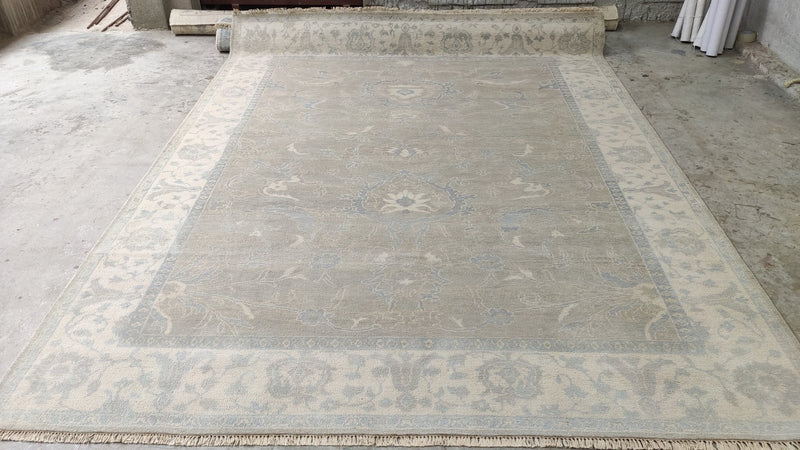 Valentina 8x10 Light Grey and Ivory Green Hand-Knotted Oushak Rug | Banana Manor Rug Company