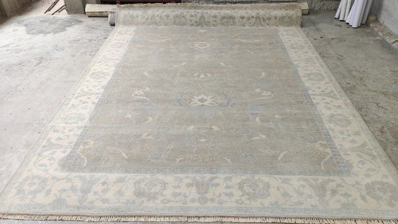 Valentina 8x10 Light Grey and Ivory Green Hand-Knotted Oushak Rug | Banana Manor Rug Company