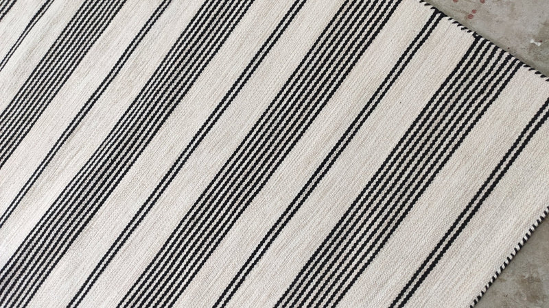 Vanessa 8x11.3 White and Black Striped Handwoven Durrie Rug | Banana Manor Rug Company