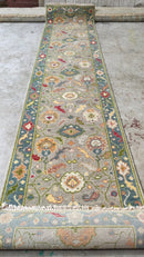 Veerle Baetens 2.6x12 Beige and Green Hand-Knotted Oushak Runner | Banana Manor Rug Company