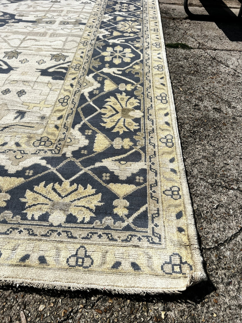 Venus 12.6X15 Blue and Beige Hand-Knotted Oushak Rug | Banana Manor Rug Factory Outlet