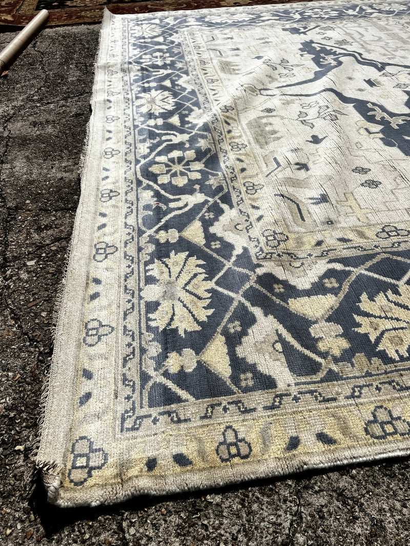 Venus 12.6X15 Blue and Beige Hand-Knotted Oushak Rug | Banana Manor Rug Factory Outlet