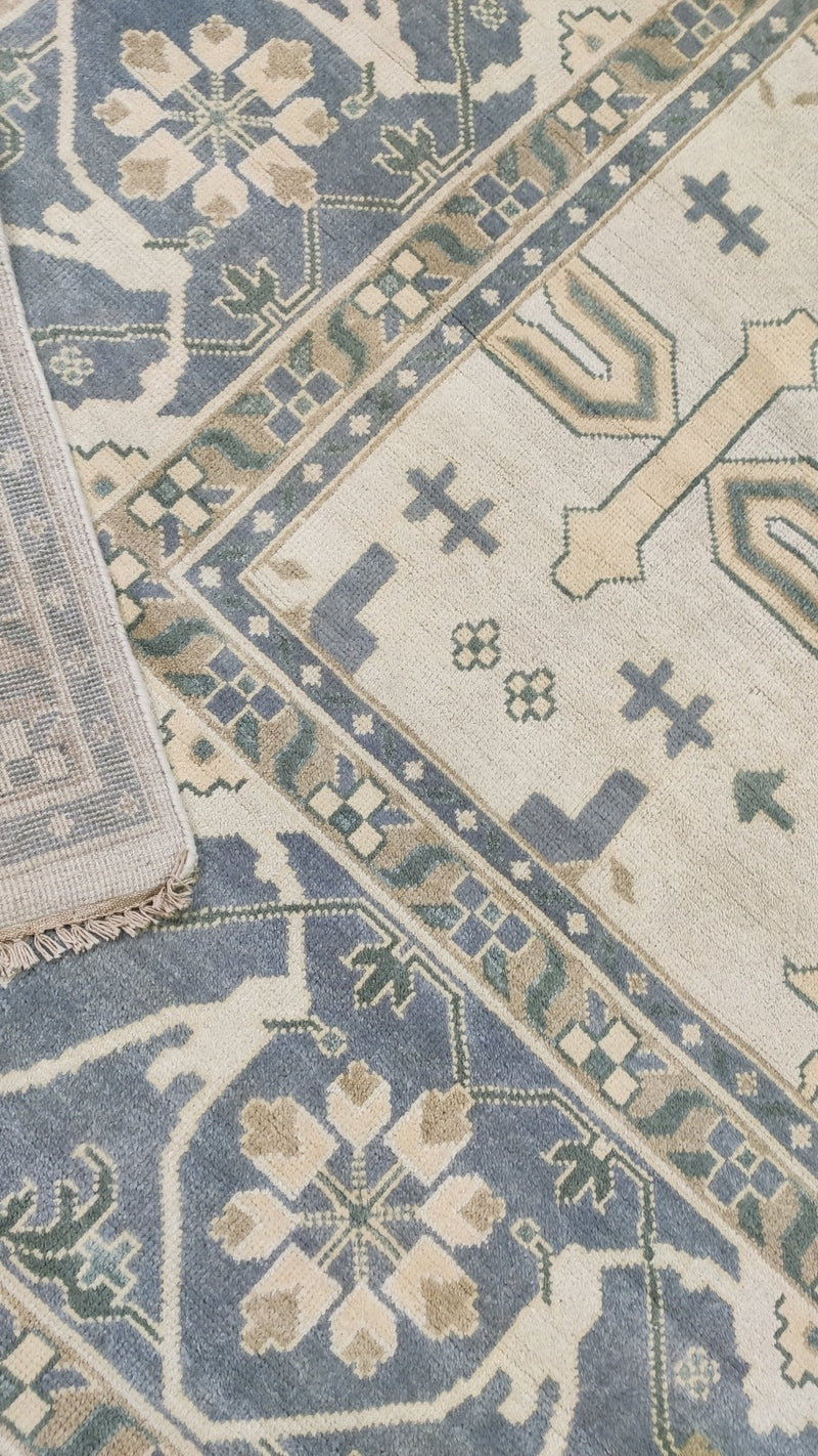 Venus 12.6X15 Blue and Beige Hand-Knotted Oushak Rug | Banana Manor Rug Company