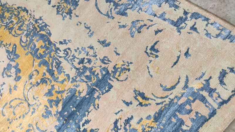 Vida Guerra 8.6x10 Beige, Blue, and Gold Hand-Knotted Tibetan Rug | Banana Manor Rug Company