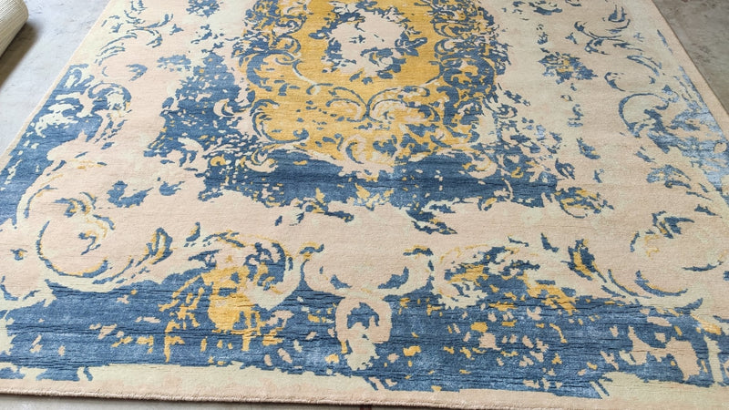 Vida Guerra 8.6x10 Beige, Blue, and Gold Hand-Knotted Tibetan Rug | Banana Manor Rug Company