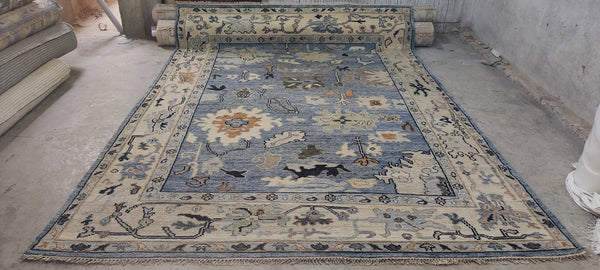 Viktoriya Isakova Hand-Knotted Oushak Rug Ivory and Light Blue 8.6x12 | Banana Manor Rug Company