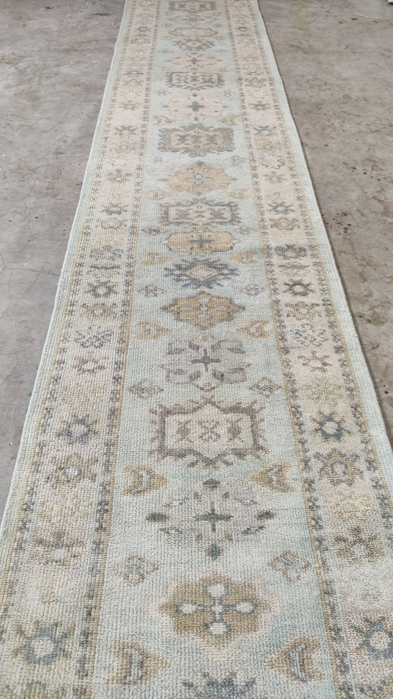 Violet 2.6x14 Aqua and Tan Hand-Knotted Oushak Runner | Banana Manor Rug Company