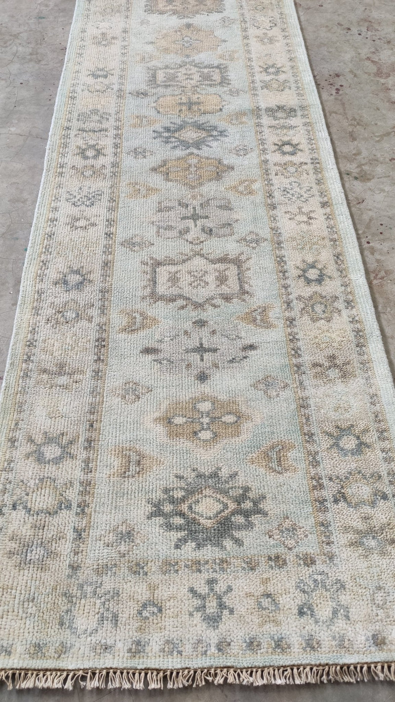 Violet 2.6x14 Aqua and Tan Hand-Knotted Oushak Runner | Banana Manor Rug Company