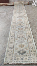 Violet 2.6x14 Aqua and Tan Hand-Knotted Oushak Runner | Banana Manor Rug Company